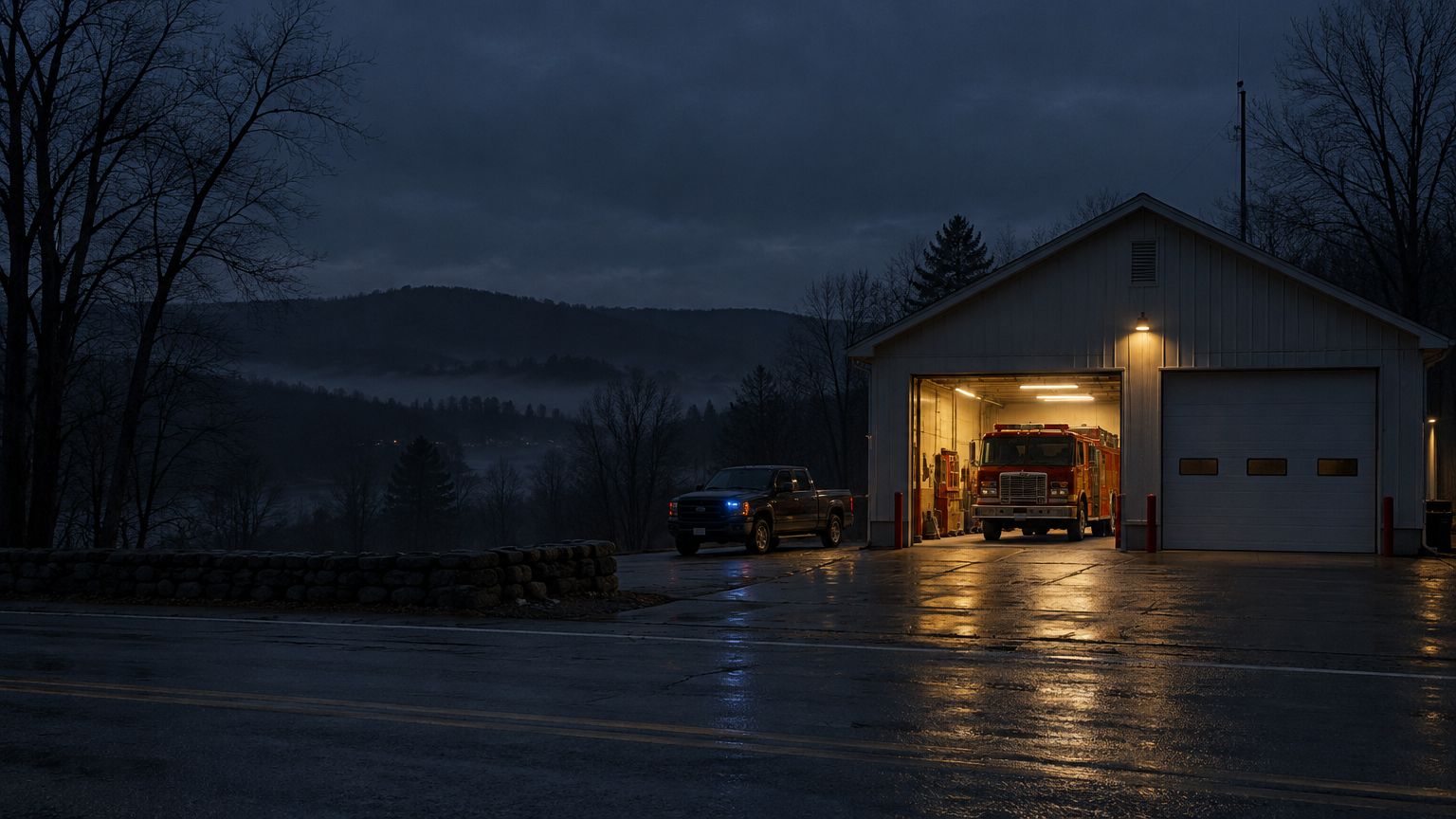 A rural volunteer firehouse before dawn, one bay door open and a single pickup pulling in